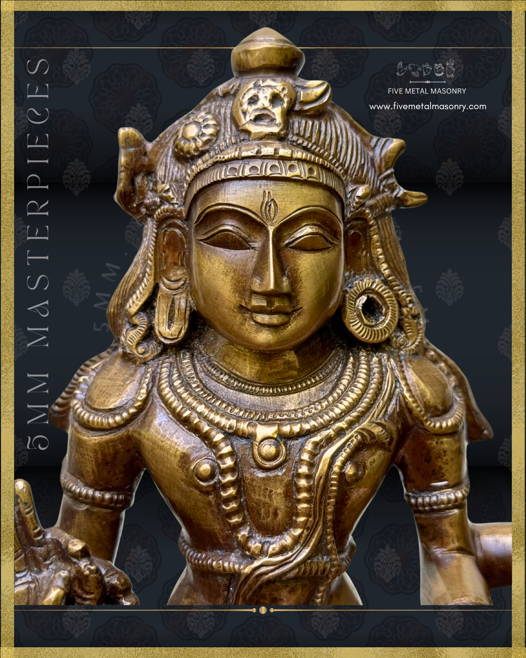 Close-up view of the serene face of a handcrafted Panchaloha bronze Dakshinamurti statue, crafted according to Shilpasastra principles, highlighting the refined iconography, jata-bhara, skull, crescent moon and traditional ornaments.