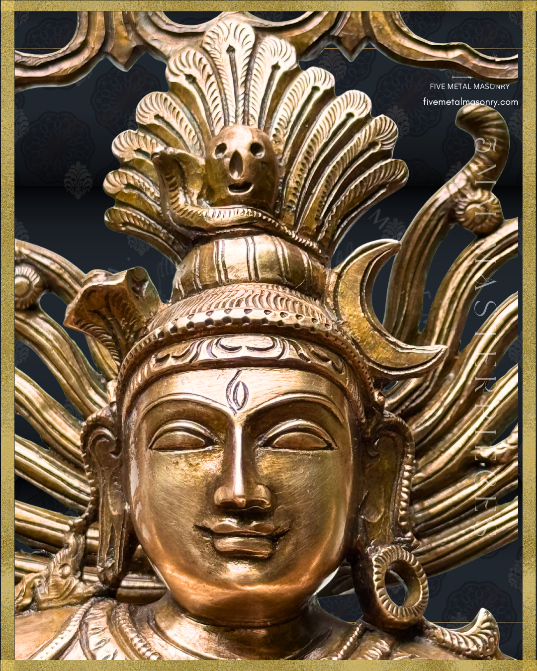Close-up of a Panchaloha bronze Nataraja icon from the 5MM Masterpieces collection, highlighting the serene face, third eye, crescent moon, skull motif, flowing jata, and detailed sculptural craftsmanship in the South Indian iconographic tradition.