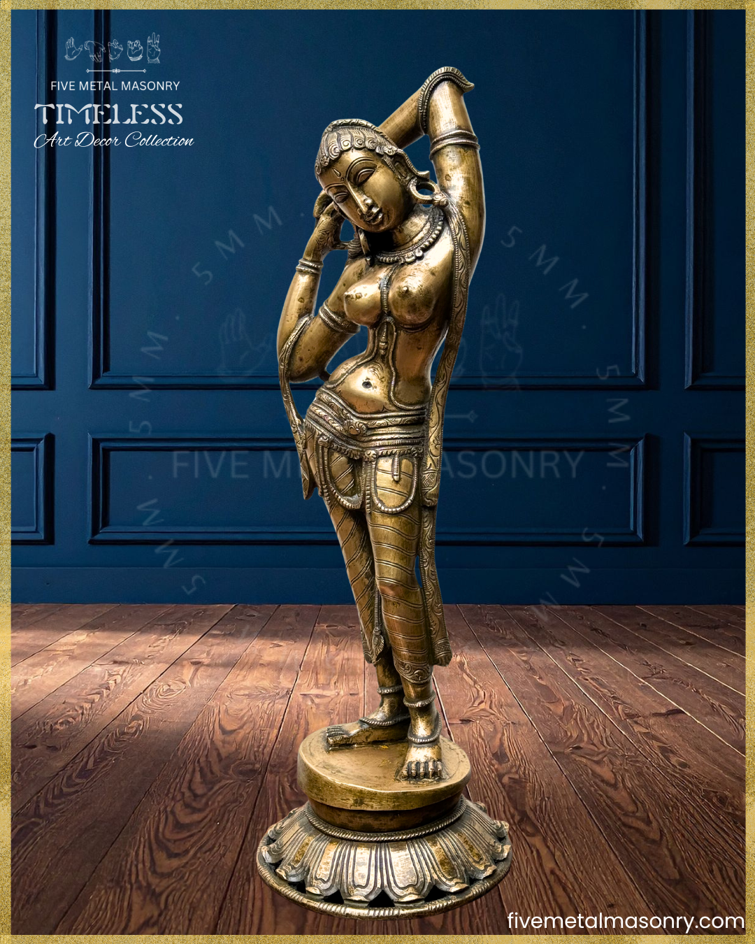 Right profile view of panchaloha bronze Apsara icon from the Timeless collection in a graceful tribhanga stance, with raised arms, detailed jewellery, patterned drapery, lotus pedestal and refined sculptural detailing rooted in South Indian iconographic tradition.