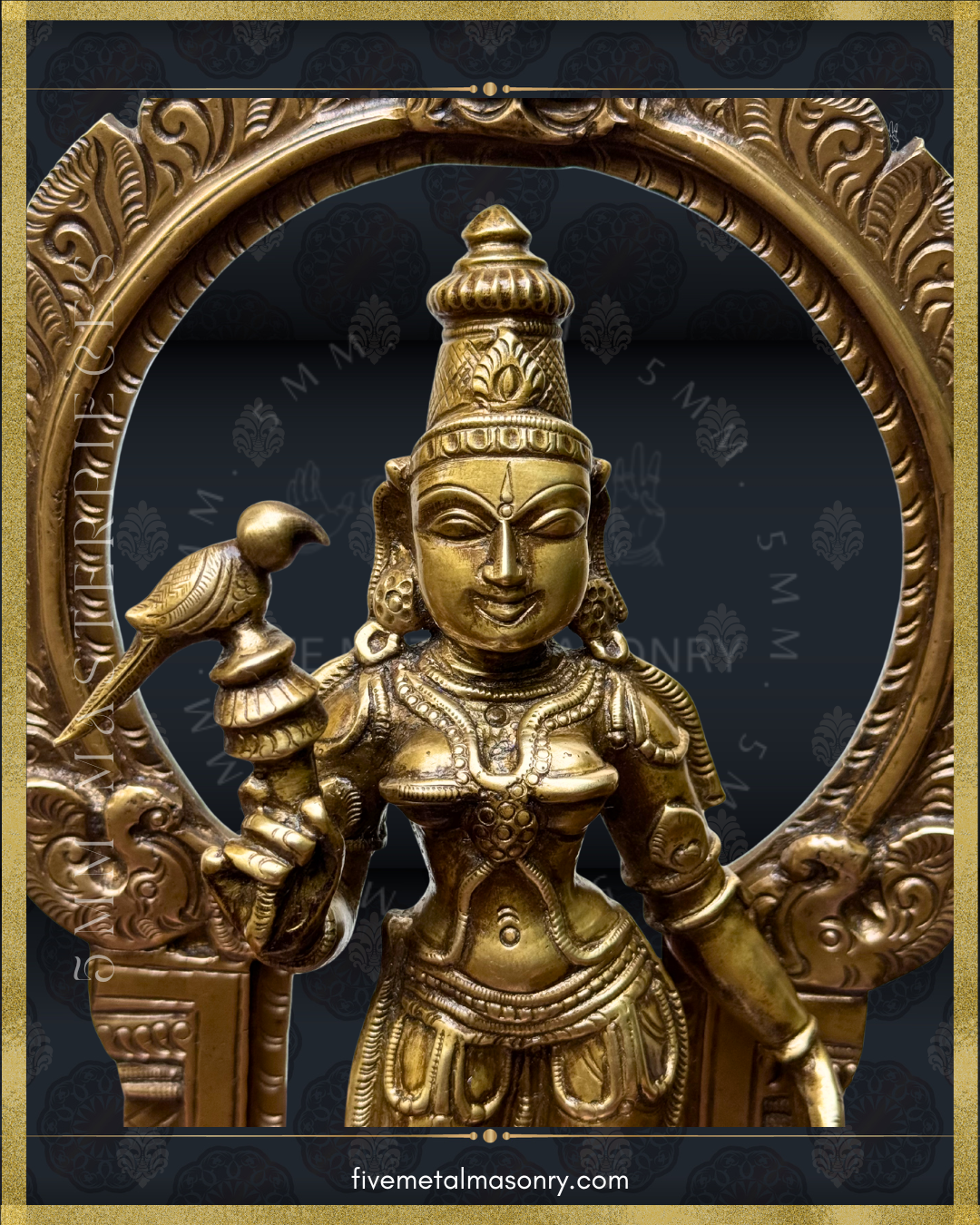 Bronze statue of meenakshi with intricate design on a black background
