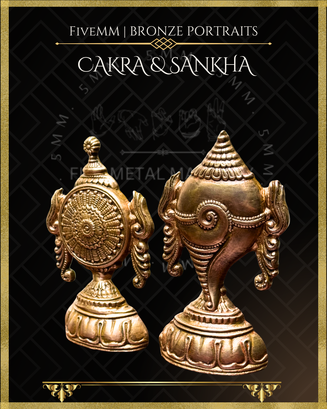 Two bronze statues of a cakra and sankha on a black background with gold accents.