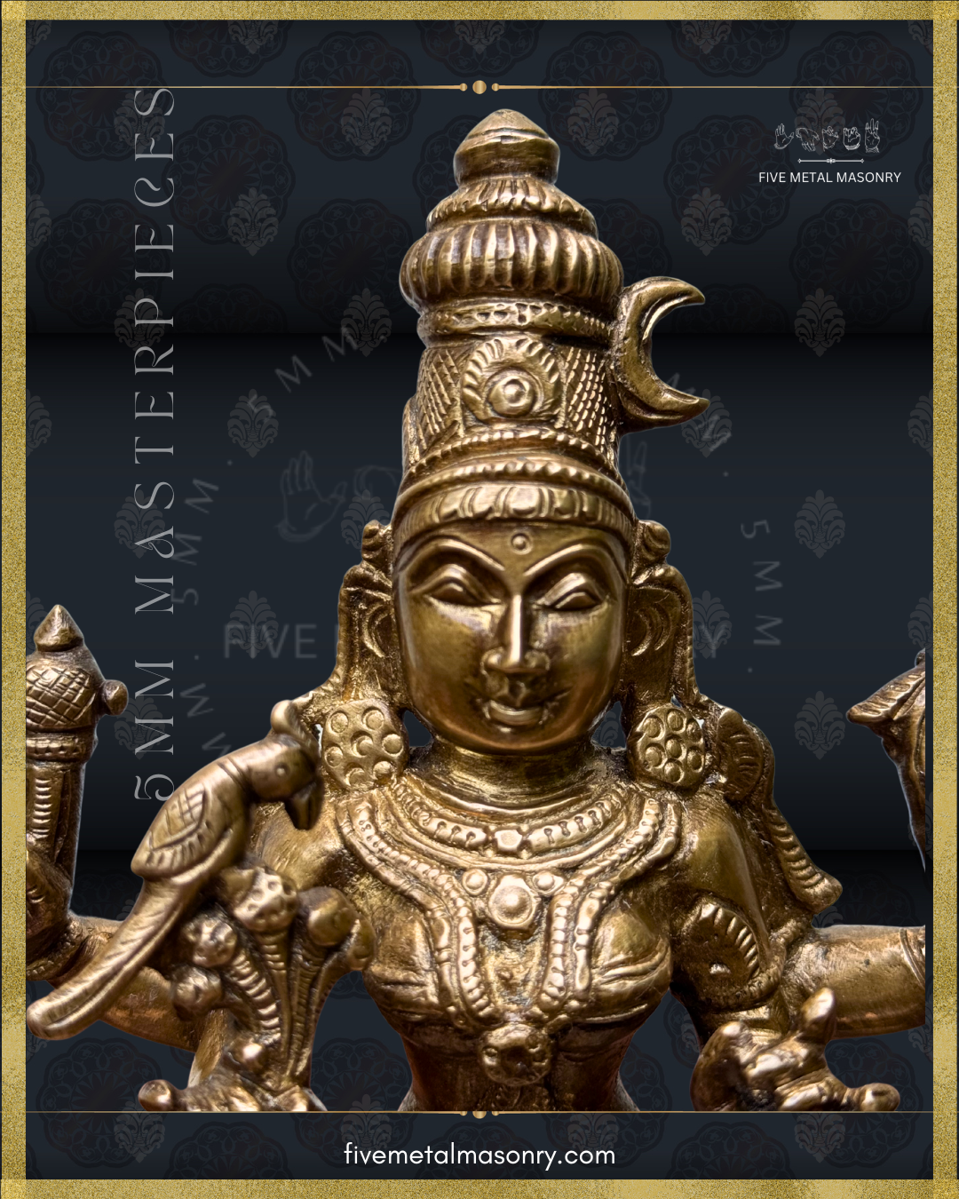 Close-up of Panchaloha bronze Kamakshi statue highlighting mukha, karanda makuta with crescent motif, ornate necklaces, ear ornaments and facial detailing from the Masterpieces collection by Five Metal Masonry.