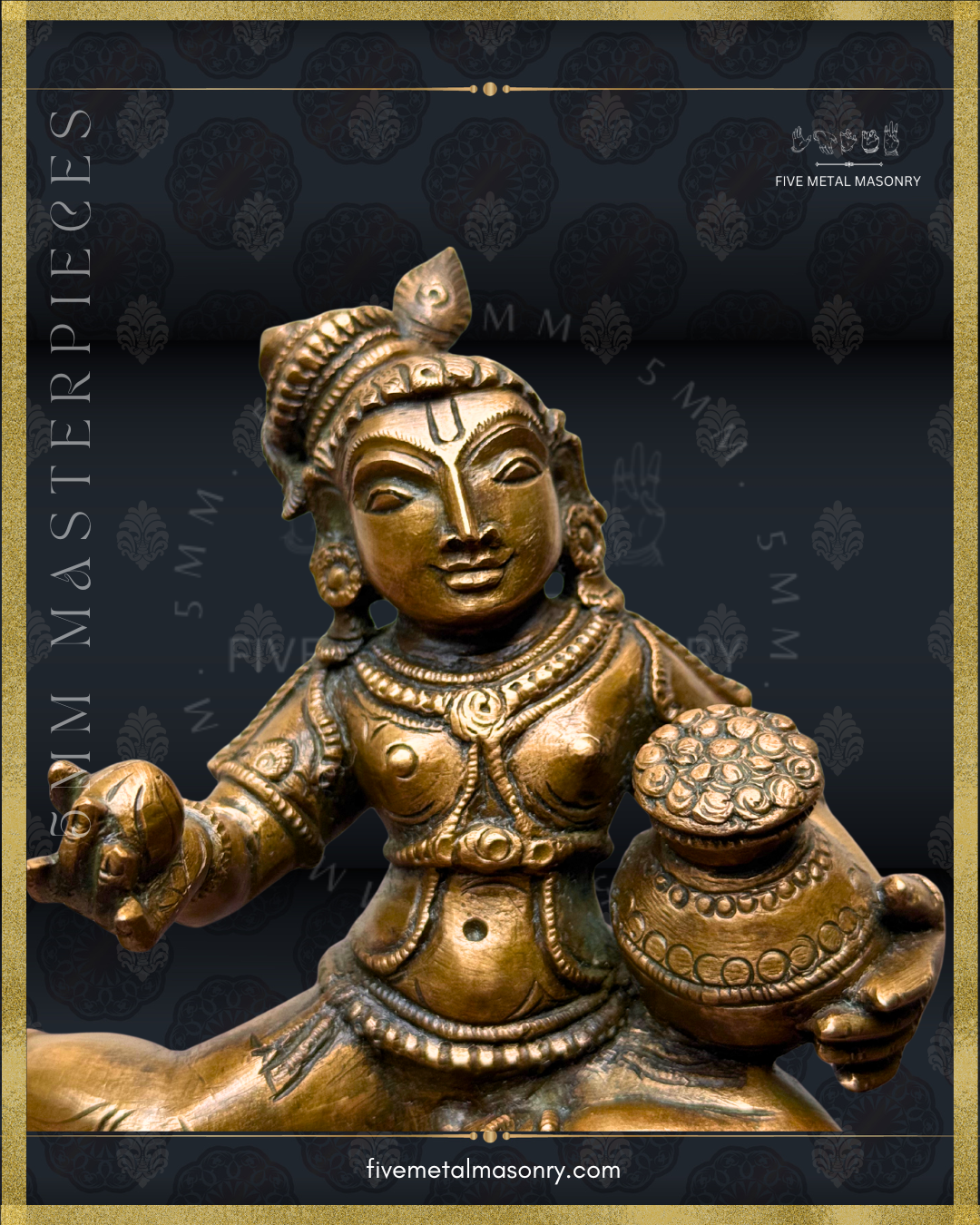 Close-up of handcrafted Panchaloha Bala Krishna bronze from the 5MM Masterpieces Collection, showing the smiling child Krishna with urdhvapundra, peacock-feathered top knot and traditional ornaments, holding navanita butter and a richly detailed butter pot, crafted according to Silpasastra iconography.