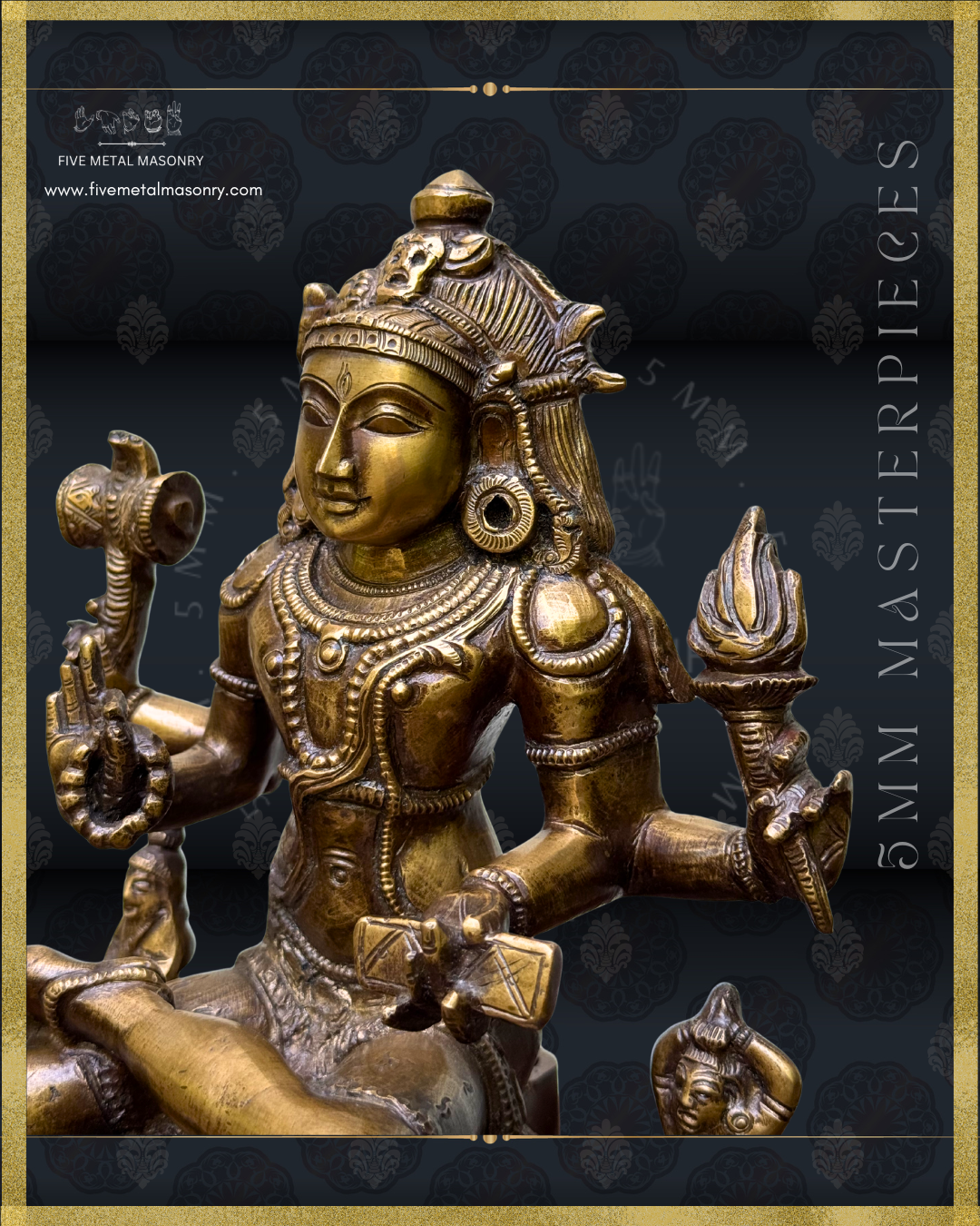 Side closeup view of Handcrafted Panchaloha bronze Dakshinamurti statue, crafted according to Shilpasastra principles, highlighting the intricate iconography of Shiva with four arms holding the damaru, agni, akshamala and pustaka, adorned with finely detailed jata-bhara and traditional ornaments.