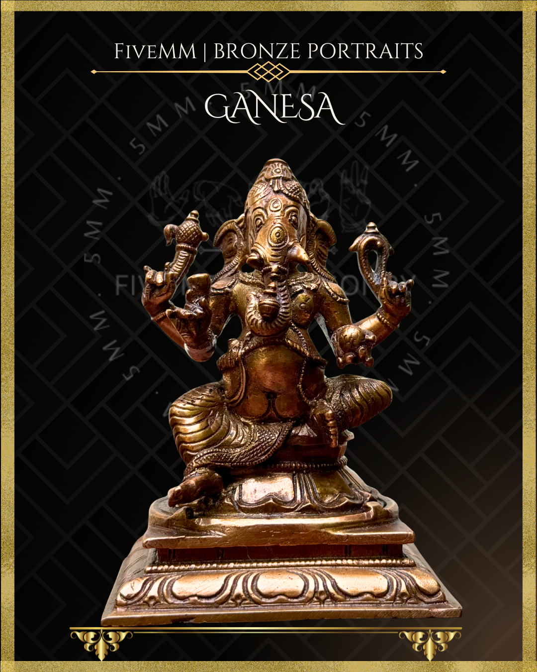 Low angle view of Handcrafted Ganesha in Panchaloha bronze, silpa-sastra aligned and rooted in the South Indian iconographic tradition, four-armed and seated in lalitasana, holding ankusa, pasa, danta and modaka with detailed crown, ornaments and draped lower garment.