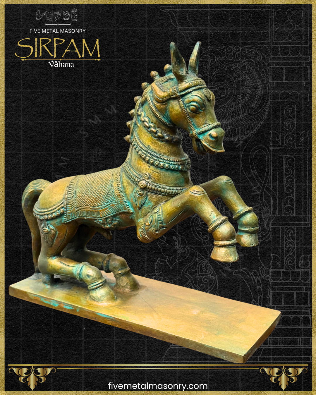 Bronze statue of a horse on a black background with decorative patterns