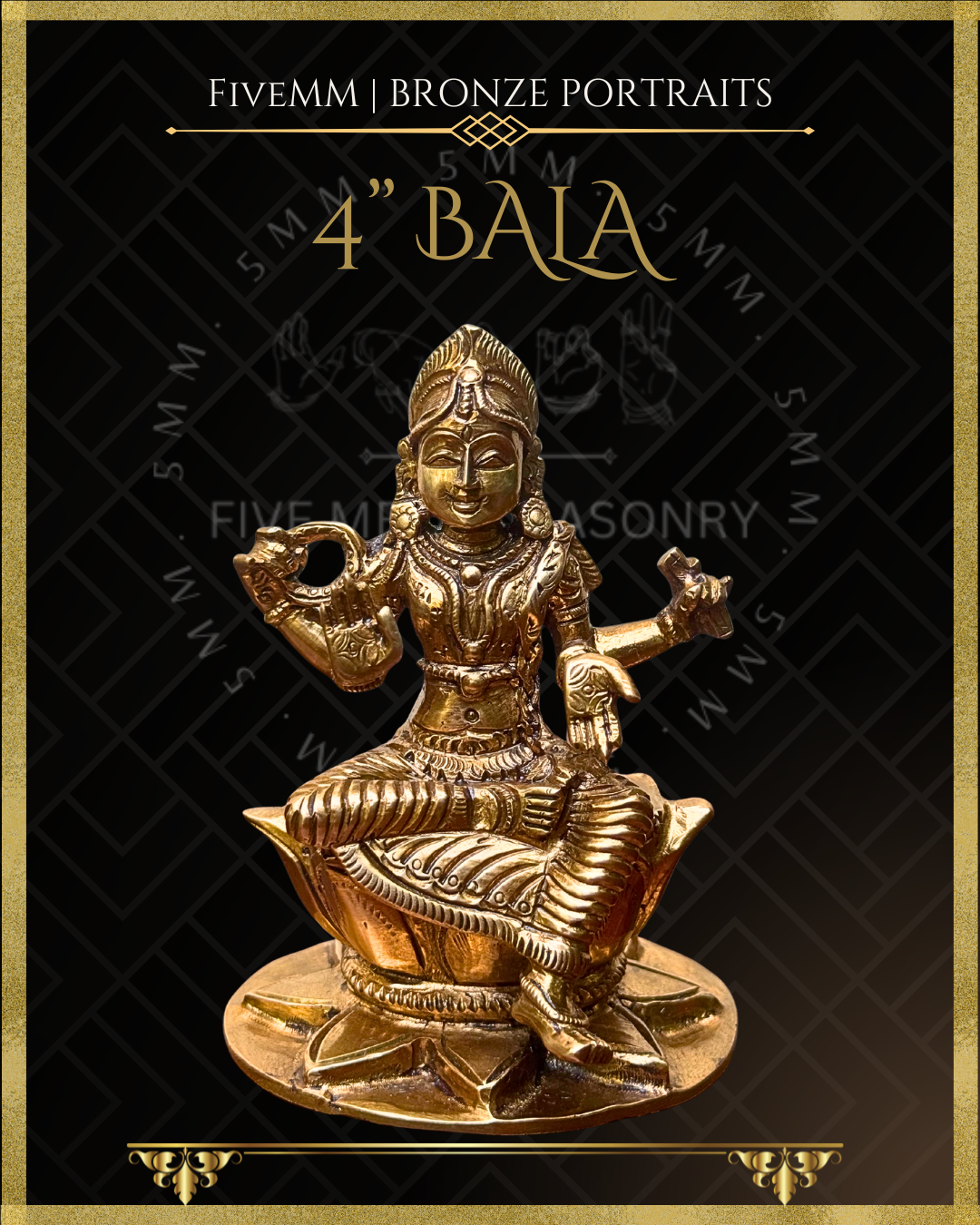 Handcrafted Bala Tripurasundari or Balambika Panchaloha bronze statue with iconographic detail in the silpa-sastra tradition, seated in lalitasana on a full-blown lotus pedestal, with aksamala, pustaka, abhaya and varada, tiara-like crown and long ekaveni braid.