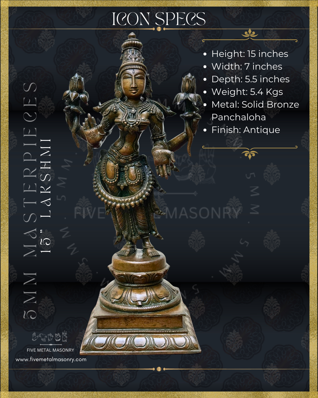 Lakshmi Standing Panchaloha Bronze statue, Masterpieces Collection – Shilpa Sastra iconography, handcrafted lost wax casting – Dimensions view