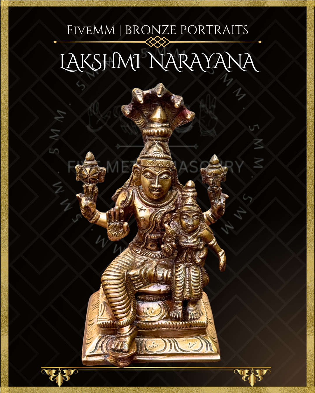 Top angle view of Handcrafted Lakshmi Narayana Panchaloha bronze with Narayana seated in lalitasana beneath five-hooded Adi Sesha, holding cakra and sankha, with Lakshmi seated on his lap holding a padma, crafted in the South Indian silpa-sastra and traditional iconographic tradition.
