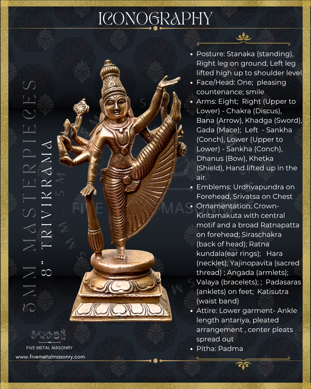 Vishnu-Trivikrama-Ulagalantha PerumalPanchaloha Bronze statue – Shilpa Sastra iconography, handcrafted lost wax casting – Iconographic description