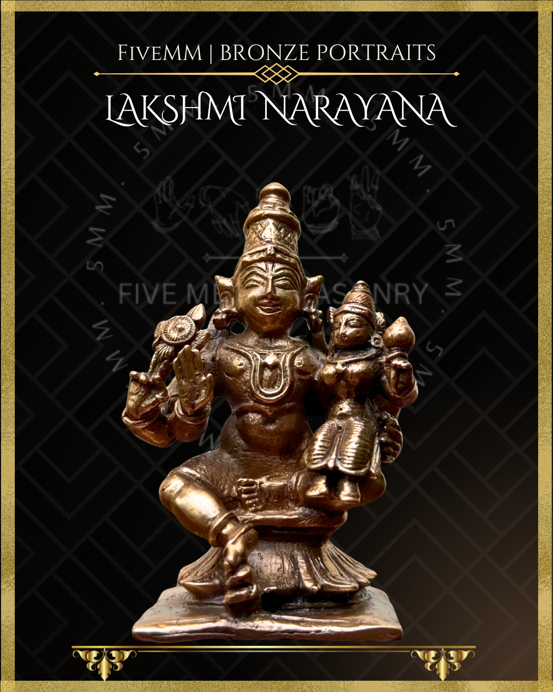 Low angle front view of Handcrafted Lakshmi Narayana Panchaloha bronze statue with silpa-sastra aligned iconographic detailing, chakra and sankha, lower right hand in abhaya, and Lakshmi seated on Narayana’s left thigh.