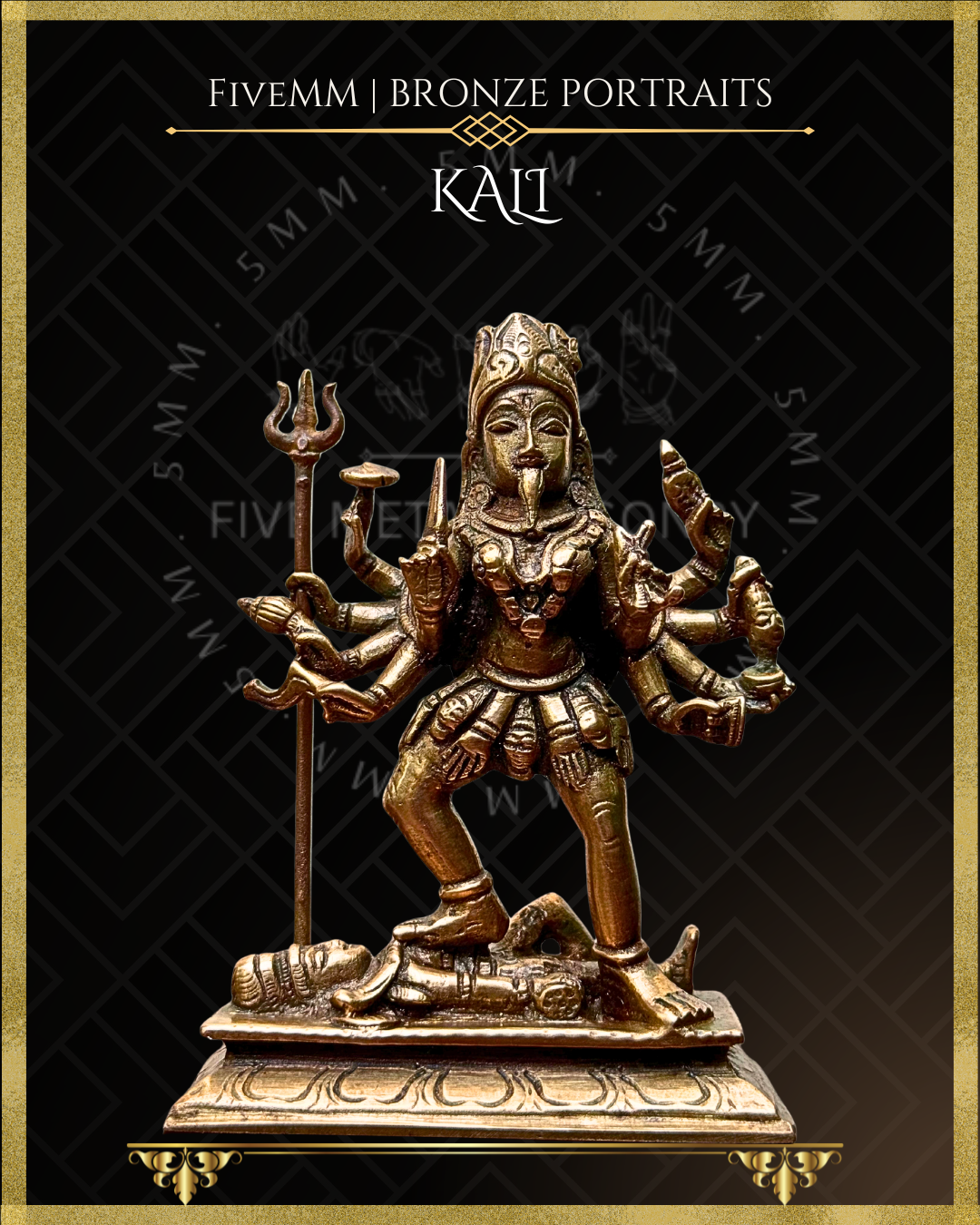Low angle front view of Handcrafted Kali Panchaloha bronze statue in pratyalidha stance over prostrate Shiva, with ten arms holding traditional ayudhas, fierce expression, extended tongue, mundamala and detailed ornamentation, crafted in the silpa-sastra and traditional iconographic tradition.