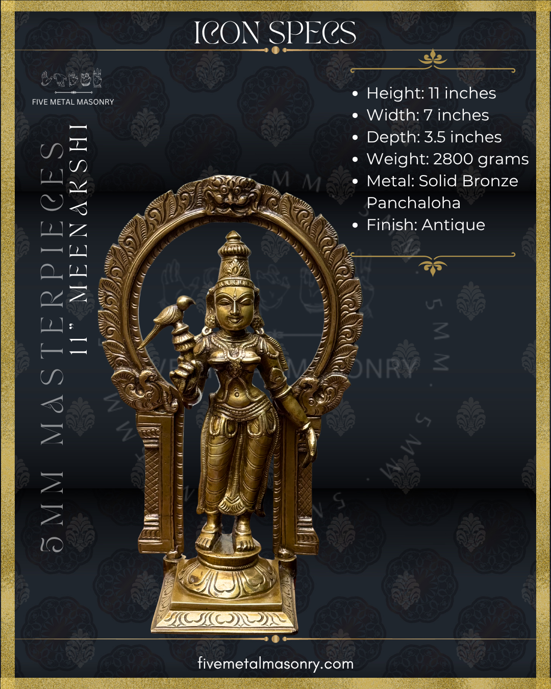 Bronze statue of Meenakshi with detailed design on a dark background, featuring specifications and branding.