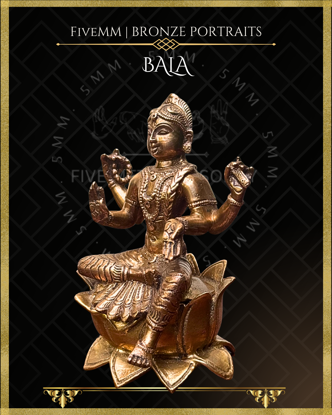 Left profile view of handcrafted Panchaloha bronze of four-armed Balambika or Bala tripurasundari seated in lalitasana on a full-blown lotus pitha, holding akshamala and pustaka with abhaya and varada hastas, following silpa-sastra and traditional iconography.