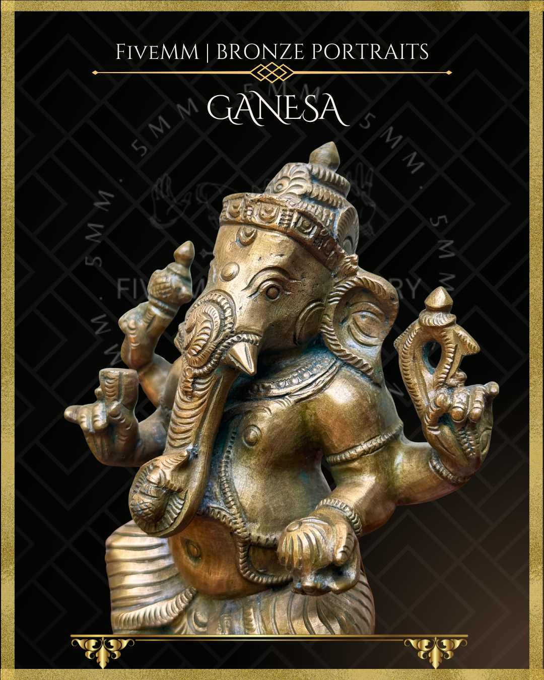 Bronze statue of Ganesha with decorative arch on a black background, featuring 5MM branding.