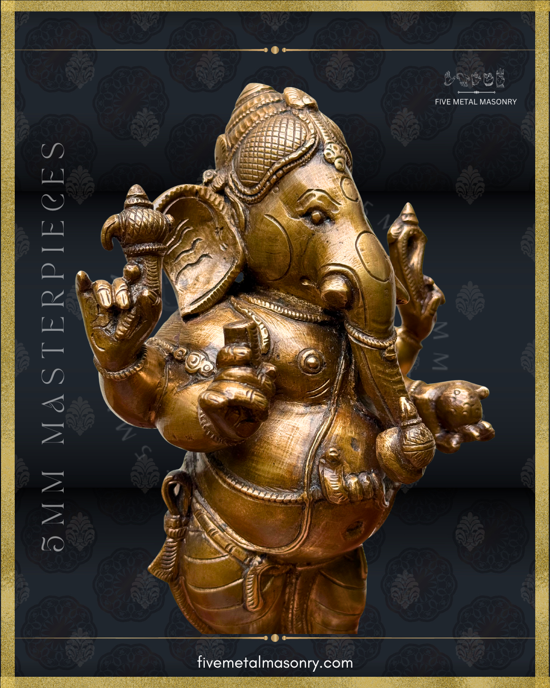 Close-up side view of the handcrafted Panchaloha bronze standing Ganesha from the Masterpieces collection, showing the four arms with traditional attributes, long trunk holding a vessel, broken tusk, naga udarabandha, broad decorated ear and detailed head ornamentation.