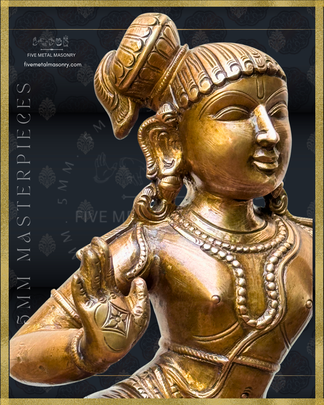Close-up side view of handcrafted Panchaloha bronze Kaliya Tandava Krishna from our Masterpieces Collection, showing Krishna’s facial features, Vaishnava tilaka, elaborate kesa-bandha, makara-kundalas, layered necklaces and raised palm with engraved motif, aligned with Silpa Sastra principles and South Indian iconographic tradition.