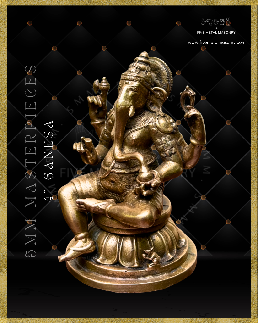 Left profile view of panchaloha bronze seated Ganesha icon from the Masterpieces collection holding goad, noose, broken tusk and modaka, with elongated curved trunk, karanda makuta, lotus pedestal and mouse vahana in South Indian bronze style.