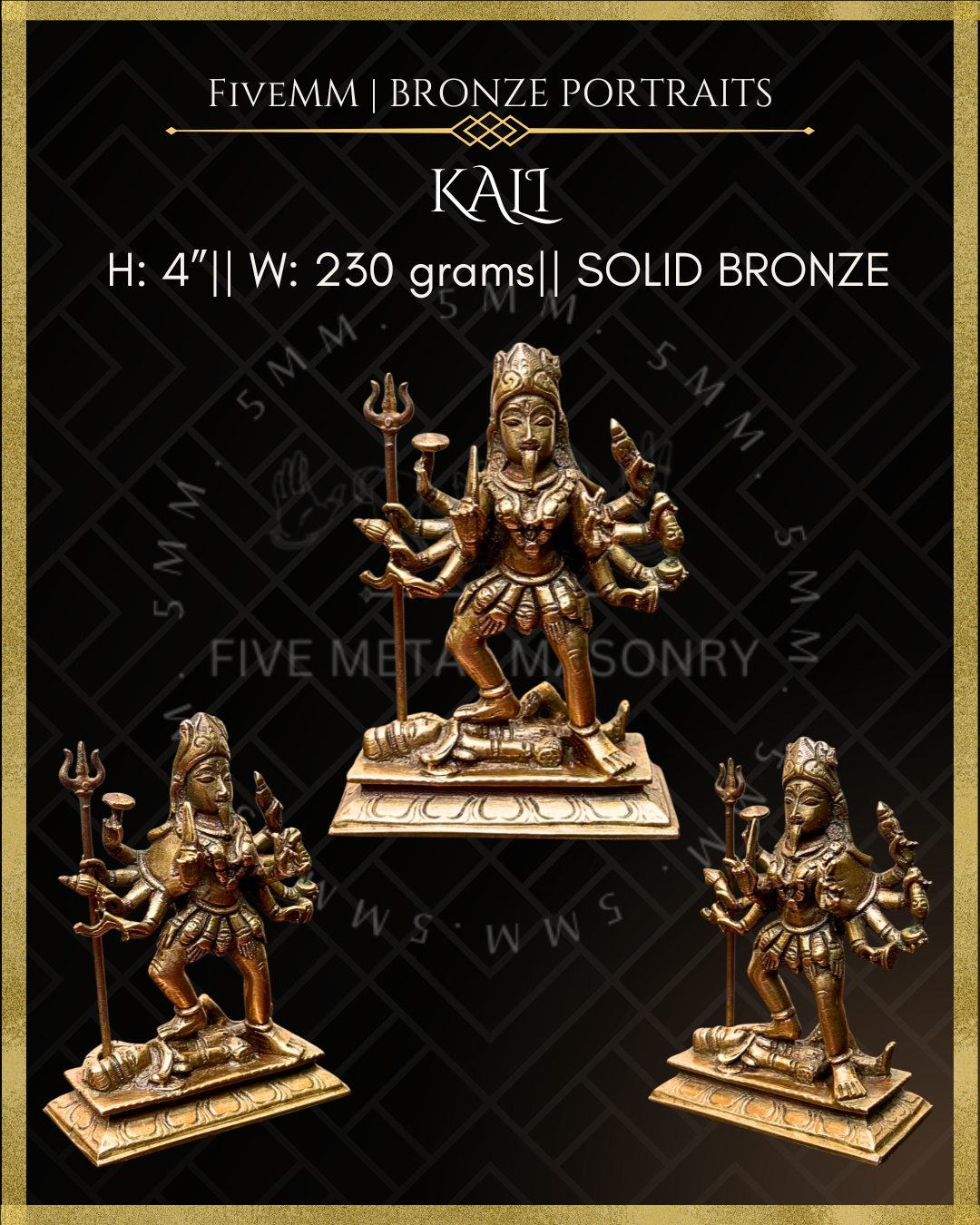 Dimensions and multi-angle view of Handcrafted Kali Panchaloha bronze statue in pratyalidha stance over prostrate Shiva, with ten arms holding traditional ayudhas, fierce expression, extended tongue, mundamala and detailed ornamentation, crafted in the silpa-sastra and traditional iconographic tradition.