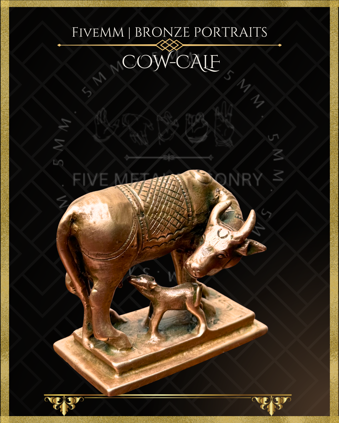 Bronze sculpture of a cow and calf with 'Fivemm' branding on a black background
