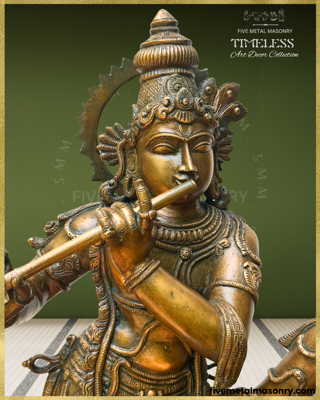 Close-up view of Krishna as Venugopala in the handcrafted Panchaloha bronze Radha Krishna sculpture from the Timeless Collection, highlighting his facial features, elaborate headdress with peacock-feather motifs, śiras-cakra, kundalas, layered necklaces, arm ornaments and flute-playing hands.