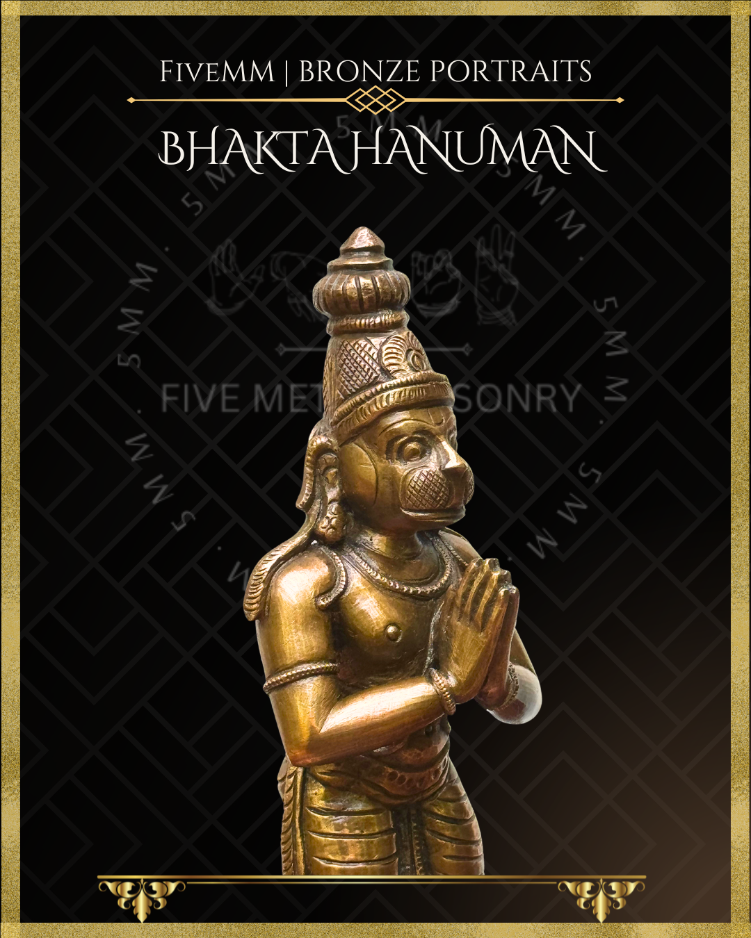 Close-up three-quarter right view of handcrafted Bhakta Hanuman Panchaloha bronze statue in anjali hasta, showing simian facial features, tall head ornament and traditional South Indian silpa-sastra iconographic detailing.