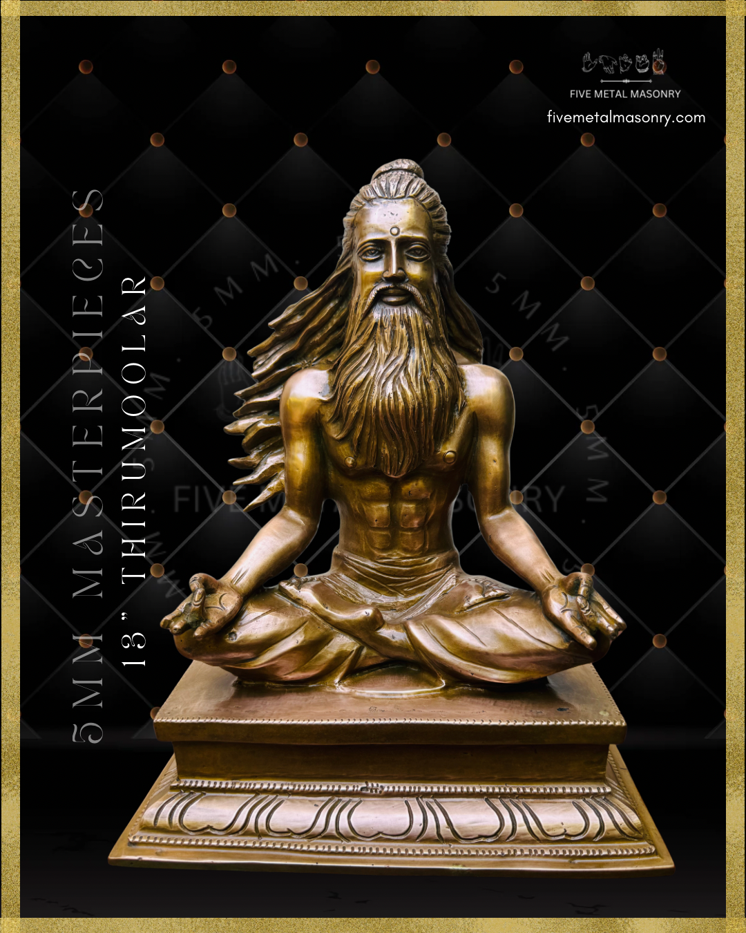 Front view of Handcrafted Thirumoolar Saiva saint in Panchaloha bronze, seated in meditation with flowing jata, long beard and tiered pedestal, from the Masterpieces collection.