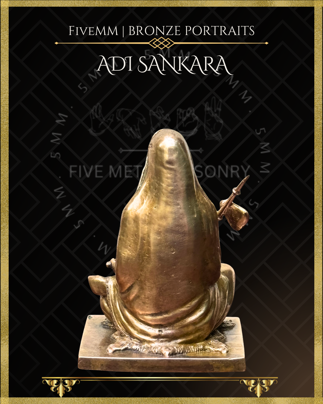 Rear view of Handcrafted Panchaloha bronze icon of Adi Shankara seated on a tiger skin, holding a Danda and simple ascetic attire with finely rendered pleats.