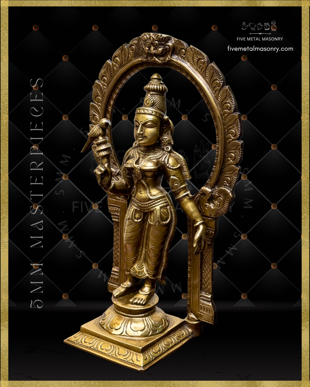 Bronze statue of meenakshi with intricate design on a black background