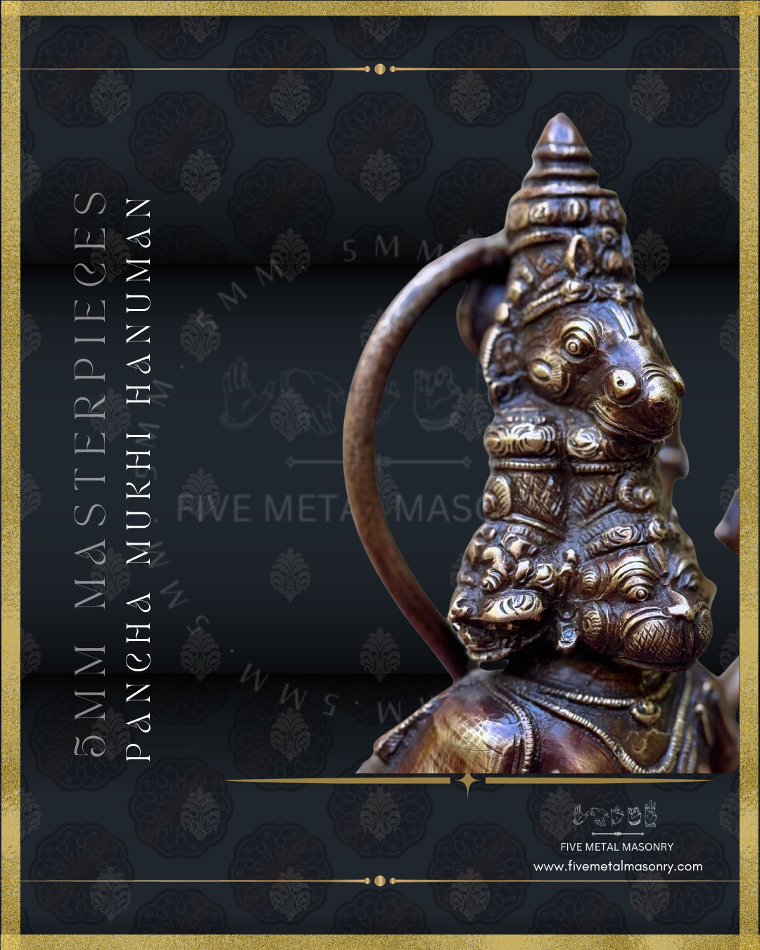 Panch Mukhi Hanuman Panchaloha Bronze statue -  Masterpieces Collection - Iconography per Shilpa Sastra, handcrafted lost wax casting – Hyagriva and Narasimha face view