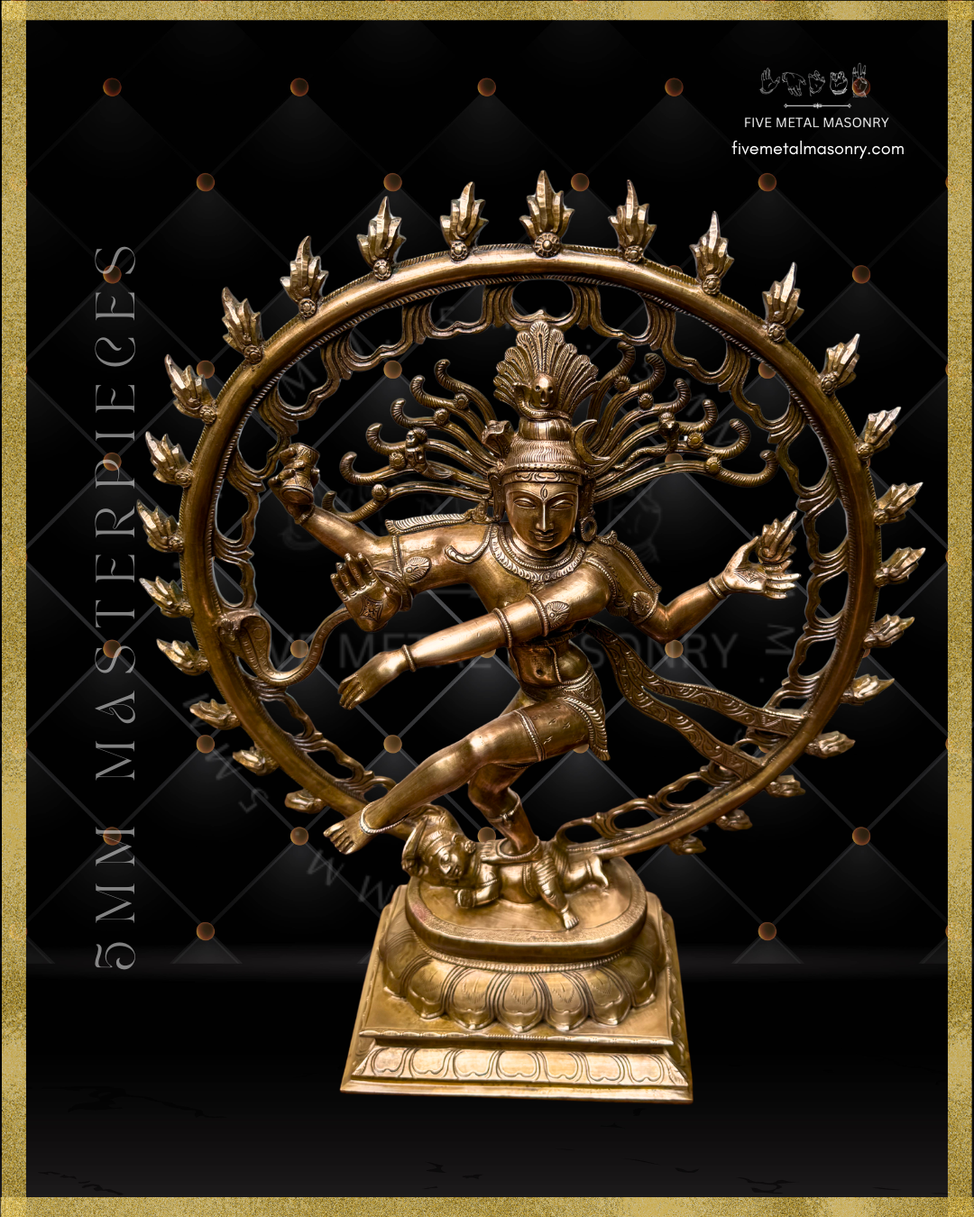 Top angle view of Nataraja Panchaloha bronze icon from the 5MM Masterpieces collection, shown in ananda-tandava in South Indian iconographic tradition