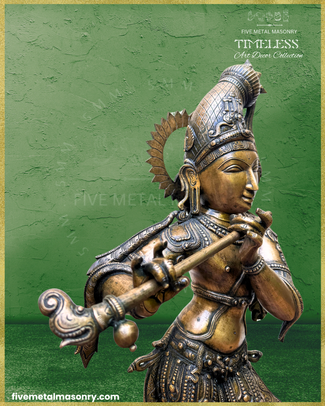 Close-up side view of handcrafted Panchaloha bronze Venugopala Krishna from Five Metal Masonry’s Timeless Collection, highlighting the venu with its ornamental scroll finial and pendant detail, elongated kesa-bandha, siras-chakra, kundalas, layered necklaces, arm ornaments and Silpasastra-inspired iconography.