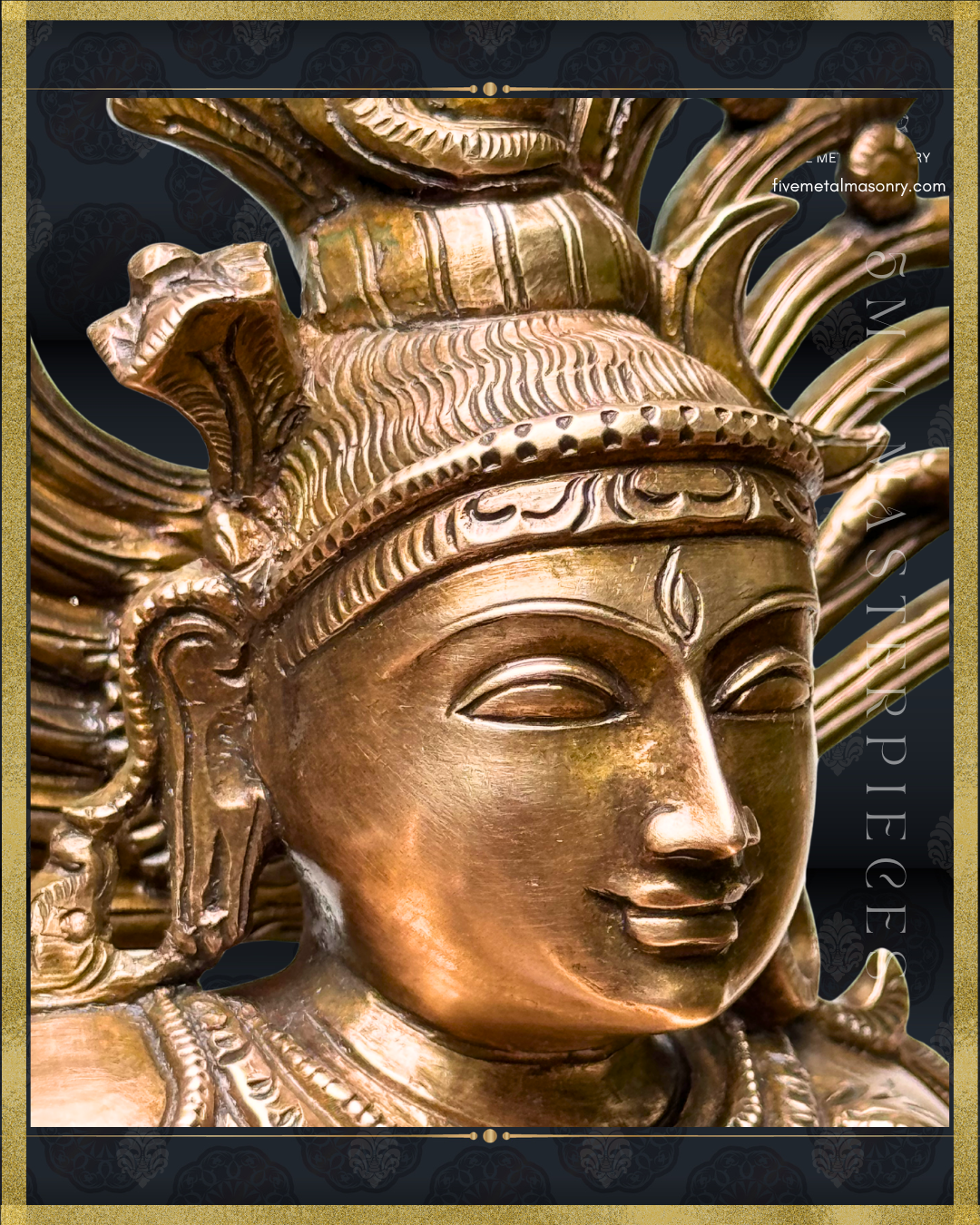 Facial close-up of  Panchaloha bronze Nataraja icon from the 5MM Masterpieces collection, highlighting the serene facial expression, third eye, jata makuta, flowing locks, and refined sculptural detailing in the South Indian iconographic tradition.