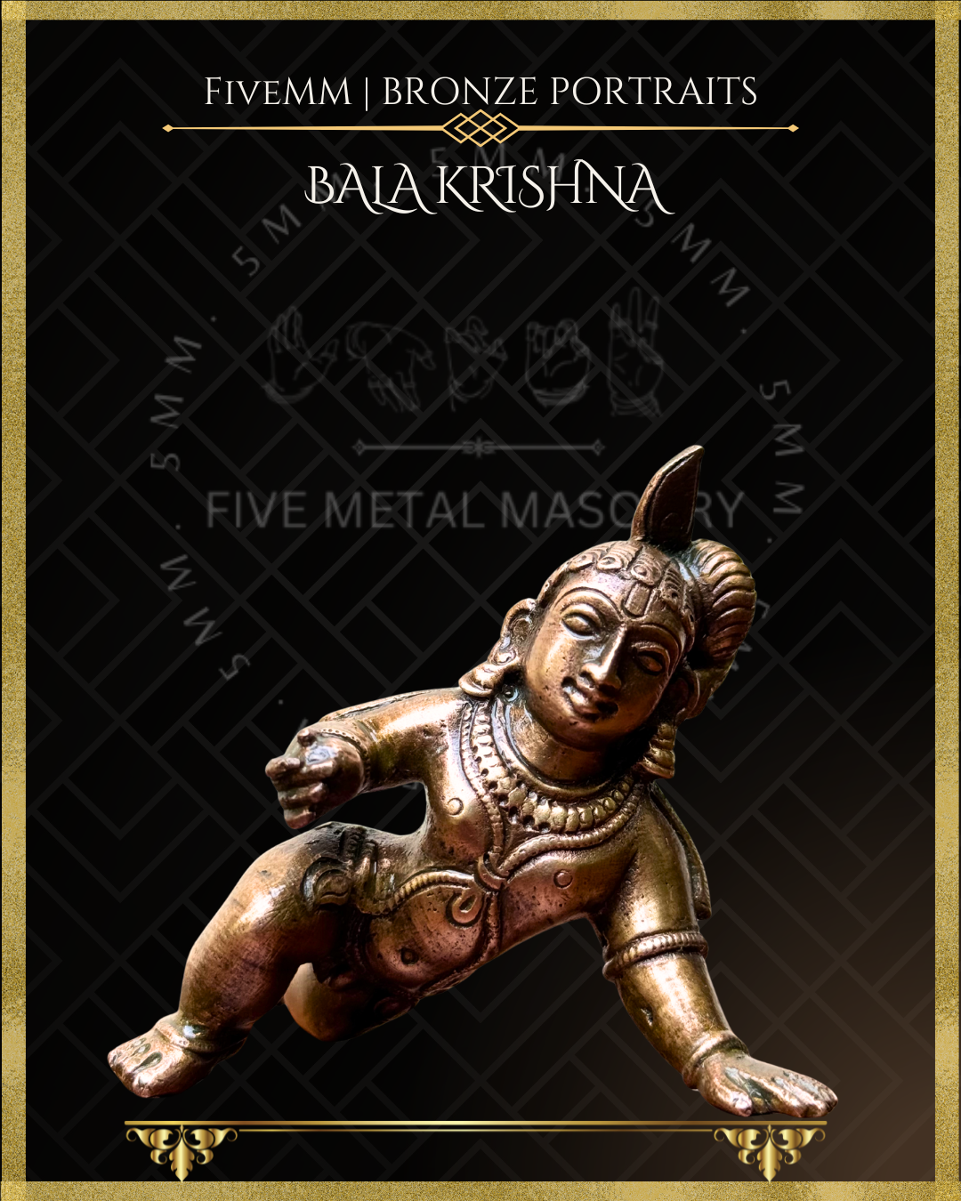 Projected view of Bala Krishna handcrafted Panchaloha bronze statue in crawling pose, detailed South Indian iconography, traditional ornaments, topknot hairstyle