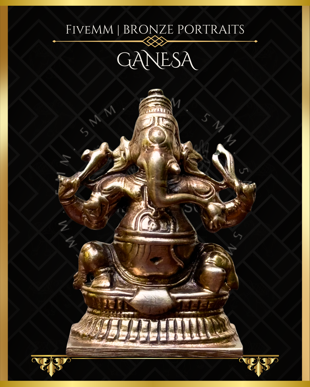 Projection view of panchaloha bronze seated Ganesha icon, four armed and holding goad, noose, broken tusk and modaka, featuring elongated trunk, karanda makuta and stylised pedestal in South Indian iconographic tradition.