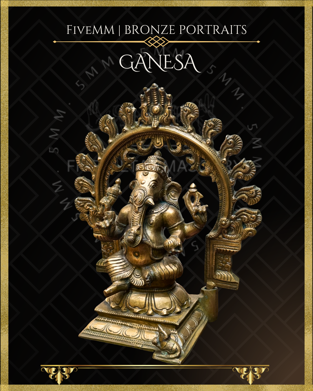 Bronze statue of Ganesha with decorative arch on a black background, featuring 5MM branding.