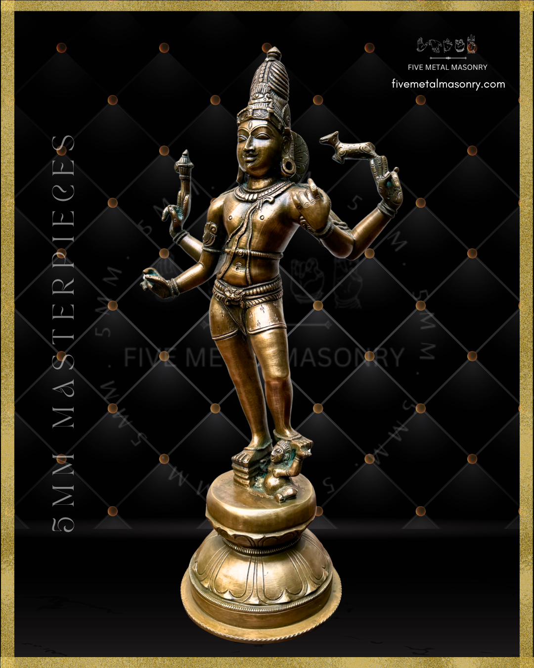 Left side view of Vinadhara Shiva handcrafted Panchaloha bronze sculpture with jata makuta, four-armed form holding parashu and mrga, lower hands posed to bear vina, standing with one foot upon Apasmara, from the Masterpieces collection inspired by South Indian Chola iconographic traditions.