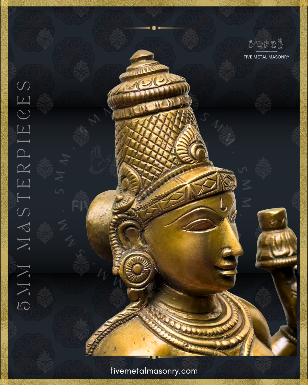 Close-up side view of a handcrafted Panchaloha bronze Lakshmi statue from the Five Metal Masonry Masterpieces collection, crafted according to Shilpasastra principles, highlighting her refined iconography, serene countenance, sharp nose, prominent kundalas, intricately detailed crown and traditional ornaments.