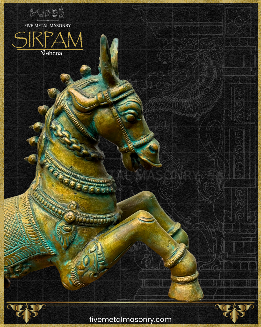Bronze horse sculpture with intricate details on a black background, featuring the brand 'Five Metal Masonry'.