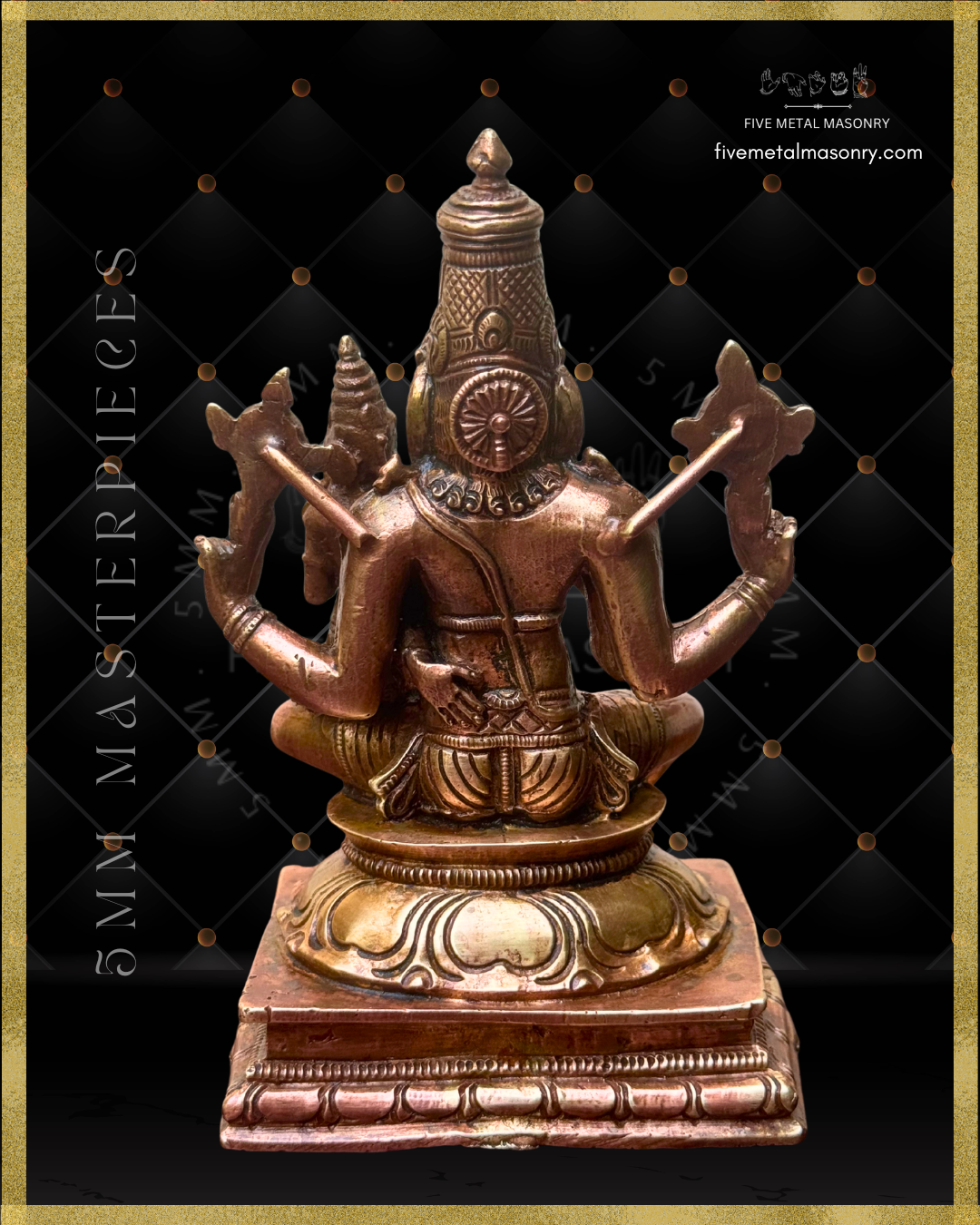 Rear view of handcrafted Lakshmi Narasimha Panchaloha bronze from the Masterpieces Collection, highlighting silpa-sastra based South Indian iconographic tradition, the siraschakra behind Narasimha’s head, detailed kirita makuta and drapery, with Lakshmi’s right hand shown holding onto Narasimha.