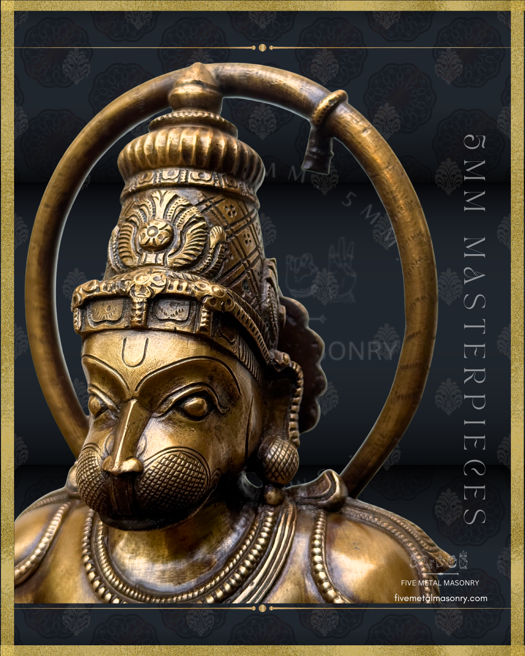 Bronze statue of Hanuman with intricate details on a dark background