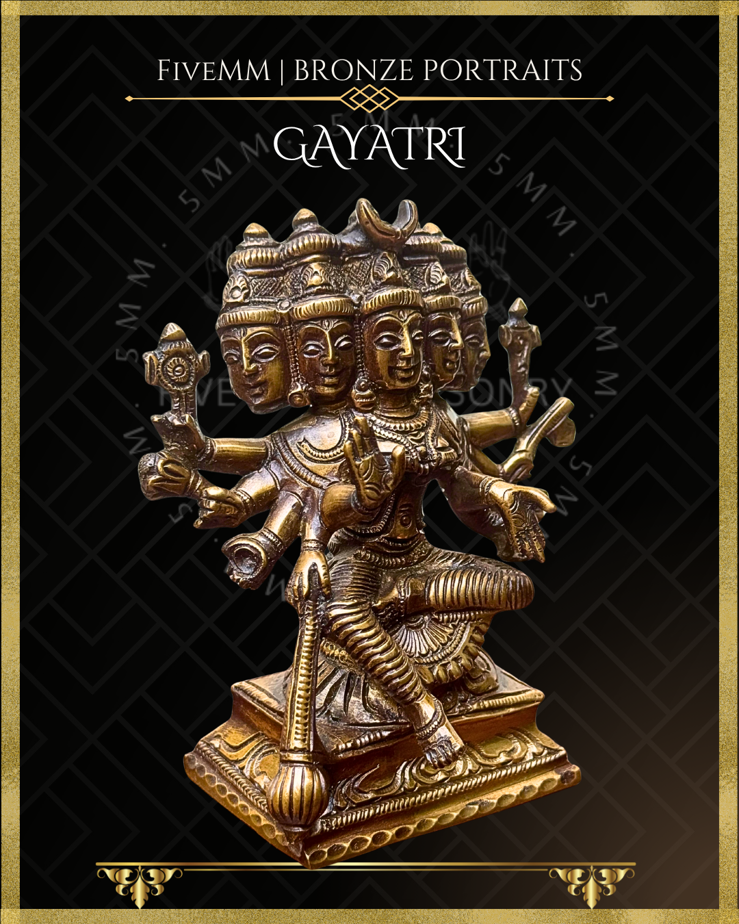 Right profile view of Handcrafted Panchaloha bronze of five-headed, ten-armed Gayatri Devi seated in lalitasana on a padma pitha, holding multiple ayudhas and attributes, following silpa-sastra and traditional iconographic tradition.