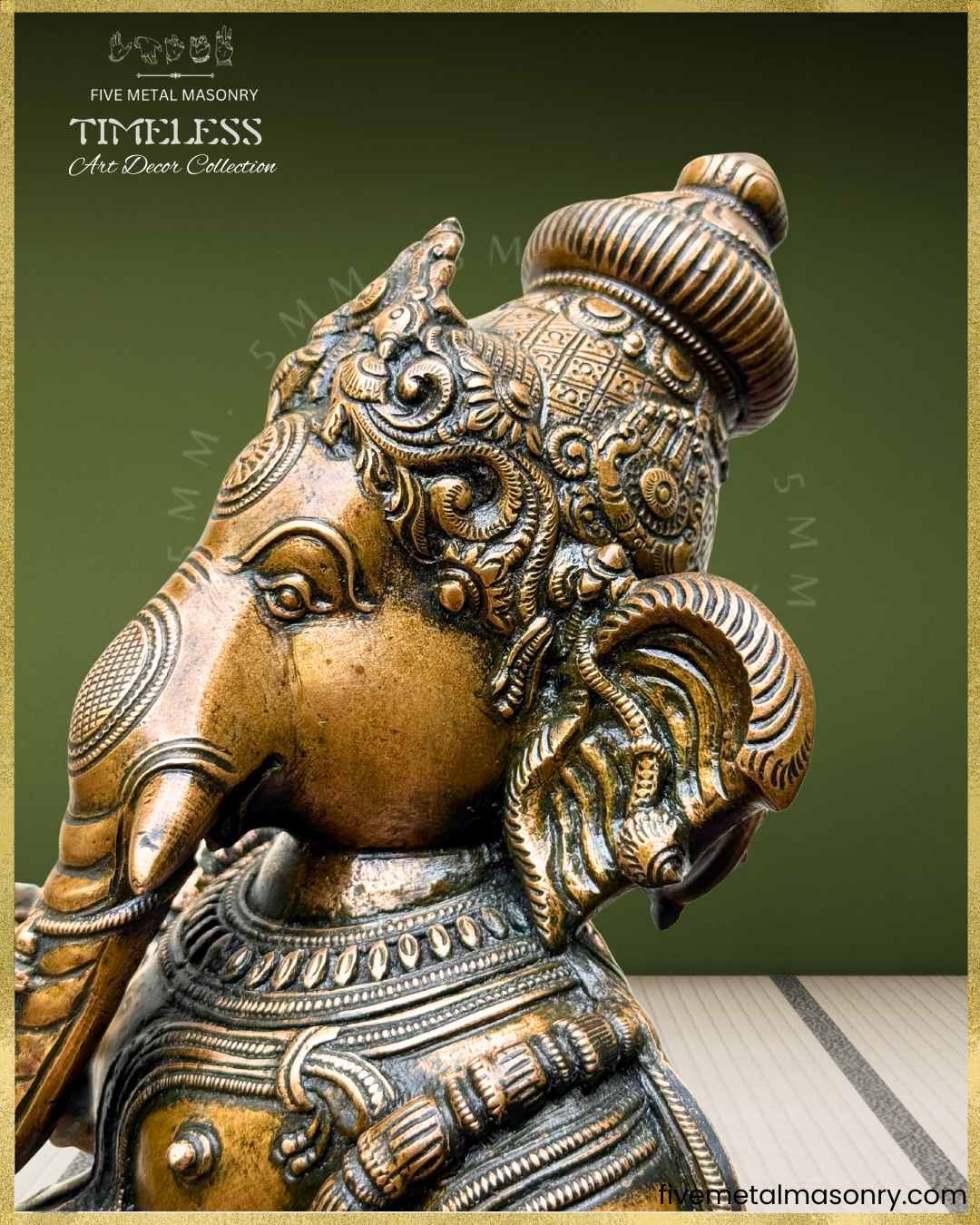 Close-up of antique finish Panchaloha bronze Ganesha featuring expressive elephant face, ornate karanda makuta, richly detailed ear ornaments, layered necklaces and refined South Indian sculptural craftsmanship from the Timeless collection.