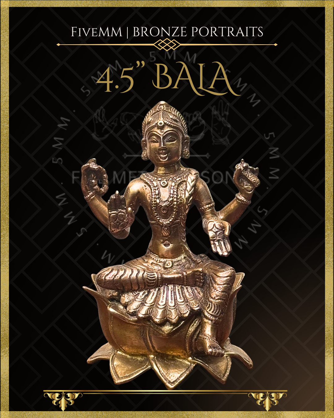 Finely ornamented handcrafted Panchaloha bronze of four-armed Balambika or Bala tripurasundari seated in lalitasana on a full-blown lotus pitha, holding akshamala and pustaka with abhaya and varada hastas, following silpa-sastra and traditional iconography.