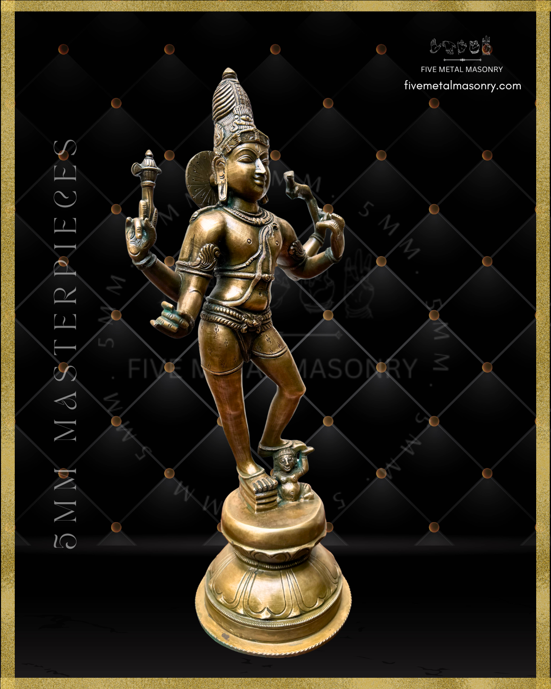 Right side view of Vinadhara Shiva handcrafted Panchaloha bronze sculpture with jata makuta, four-armed form holding parashu and mrga, lower hands posed to bear vina, standing with one foot upon Apasmara, from the Masterpieces collection inspired by South Indian Chola iconographic traditions.