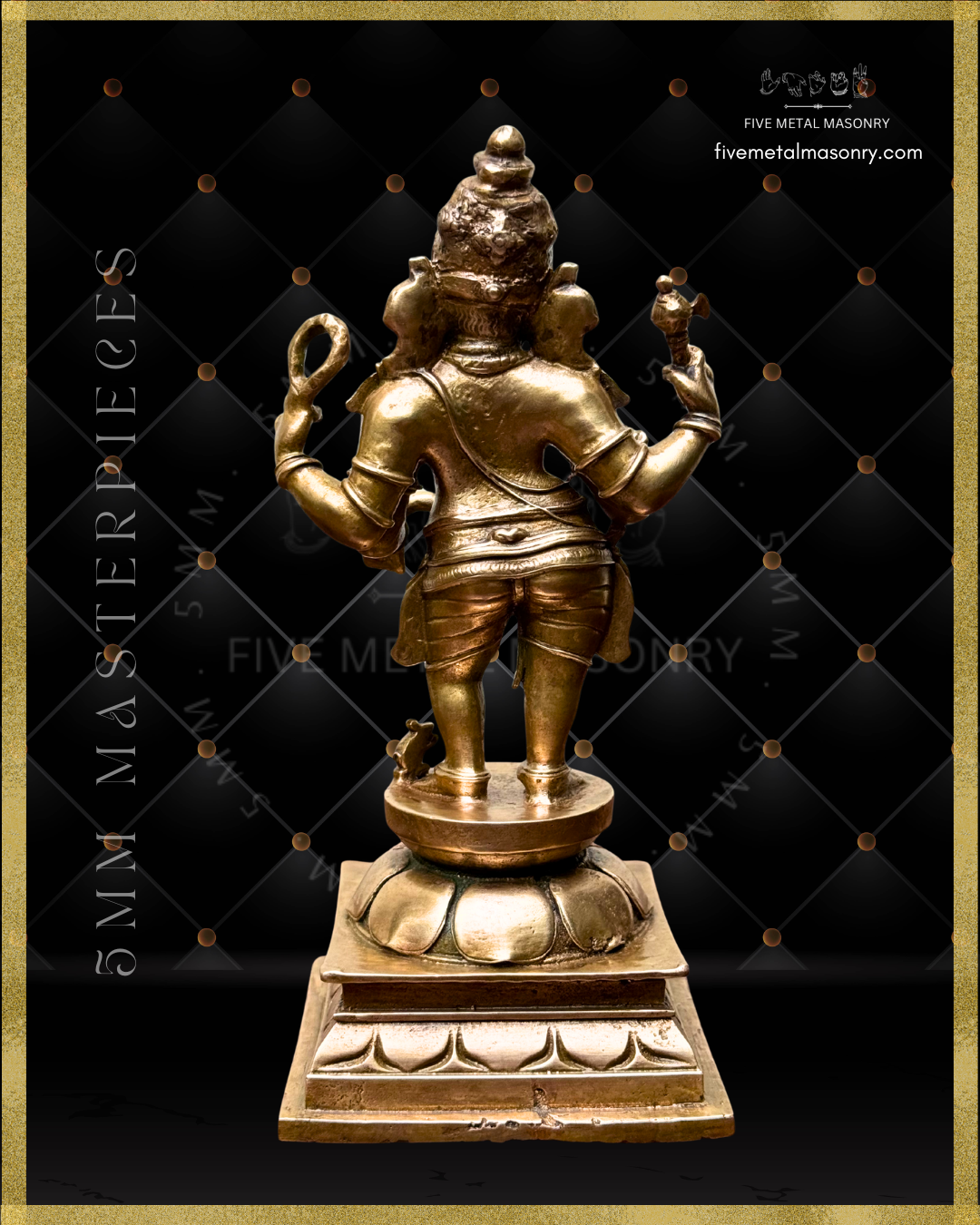 Rear view of standing Ganesha panchaloha bronze icon holding goad and noose, with elongated trunk, karanda makuta, lotus pedestal and mouse vahana from the Masterpieces collection.
