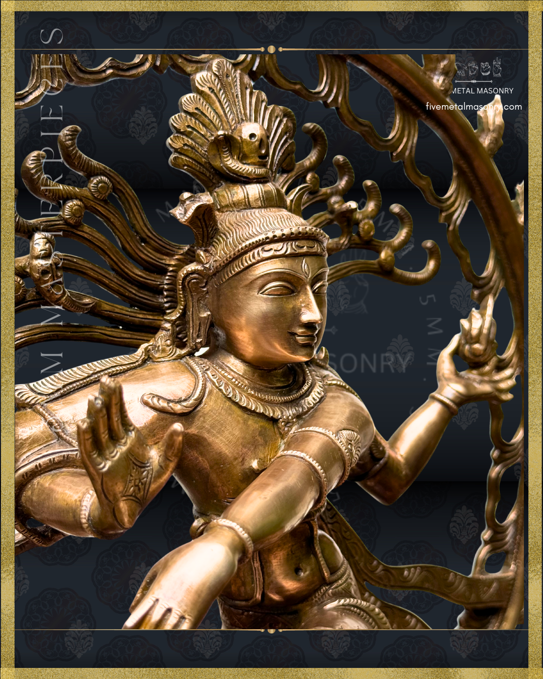 Close-up of a Panchaloha bronze Nataraja icon from the 5MM Masterpieces collection, featuring serene facial expression, jata makuta with skull motif, flowing locks, abhaya hasta, flame-bearing hand, and detailed ornamentation in the South Indian iconographic tradition.