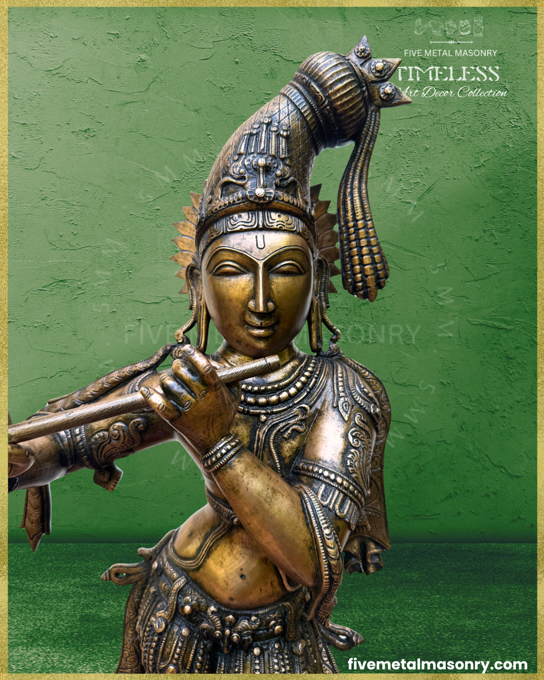 Close-up of handcrafted Panchaloha bronze Venugopala Krishna from Five Metal Masonry’s Timeless Collection, highlighting the flute-playing gesture, elongated kesa-bandha decorated with floral motifs, peacock feathers and tassel, siras-chakra, Vaishnava tilaka, kundalas, layered necklaces and detailed arm ornaments, with Silpasastra-inspired iconography.