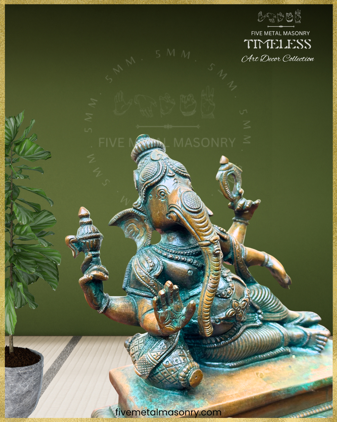 Ganesha reclining Panchaloha Bronze statue – Timeless Collection - Iconography per Shilpa Sastra, Handcrafted lost wax casting – closeup right view