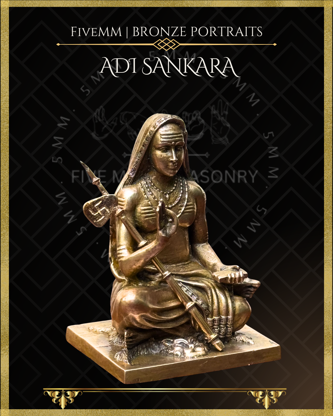 Right profile view of Handcrafted Panchaloha bronze icon of Adi Shankara seated on a tiger skin, holding a Danda and palm leaf manuscript, with Jnana Mudra . 